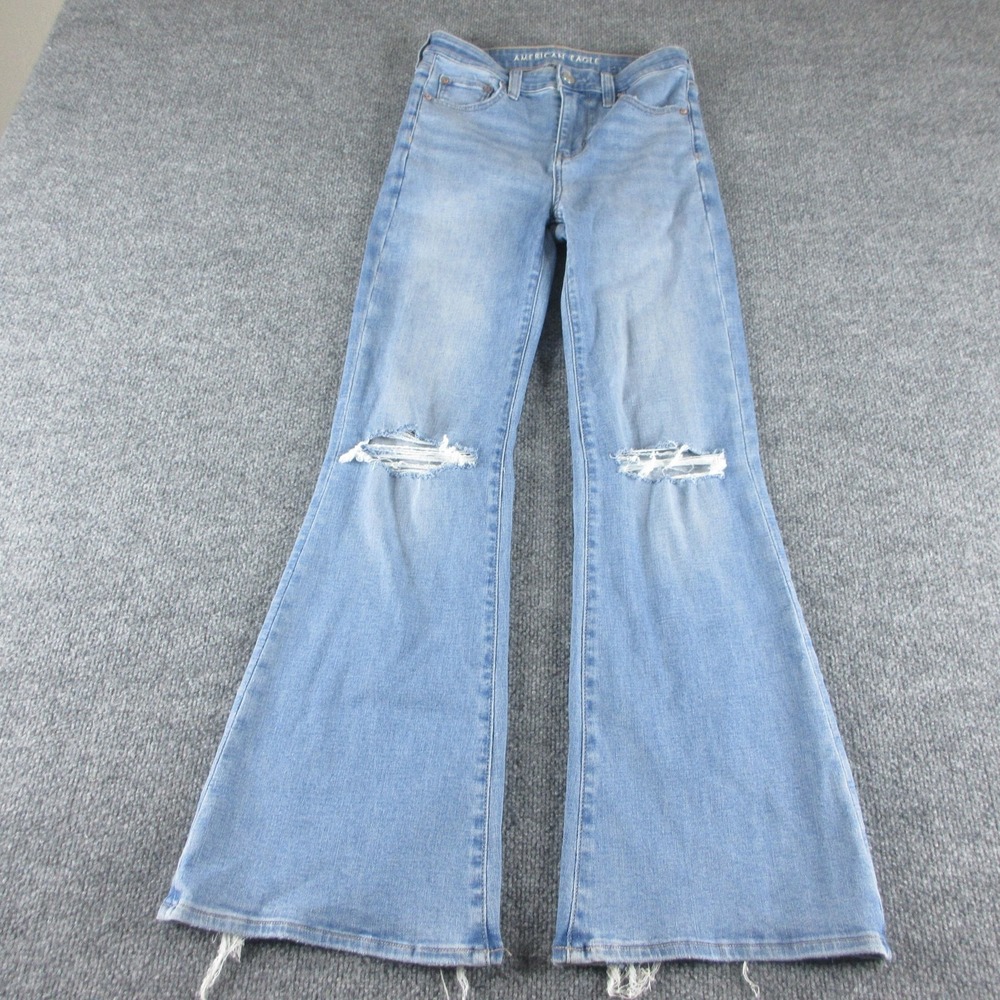 American Eagle Super High Rise‎ Flare Jeans Womens 0 Short Light Wash Distressed